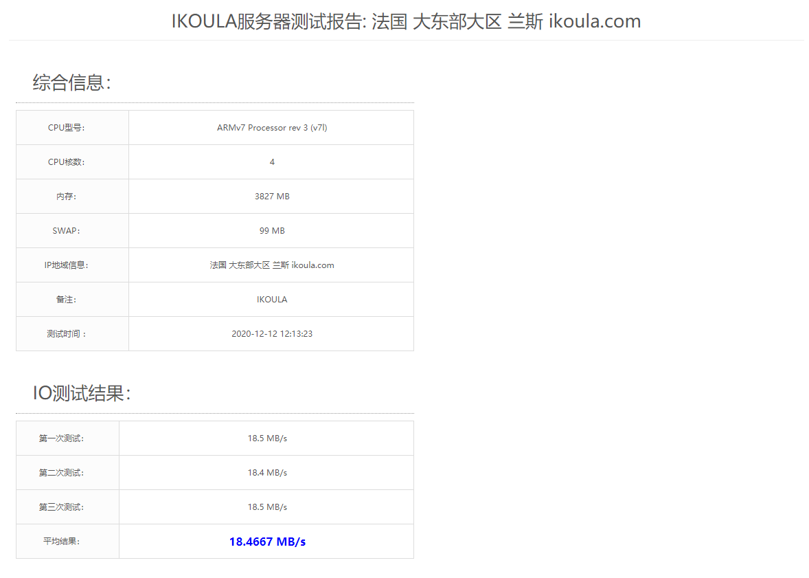 IKOULA Micro Server-Raspberry Pi 4 ARM v8 91Yuntest 脚本测试结果