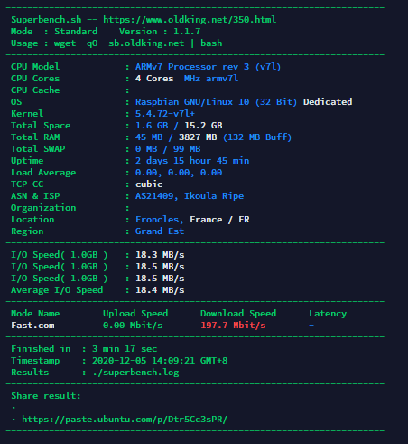 IKOULA Micro Server-Raspberry Pi 4 ARM v8 Superbench 脚本测试结果